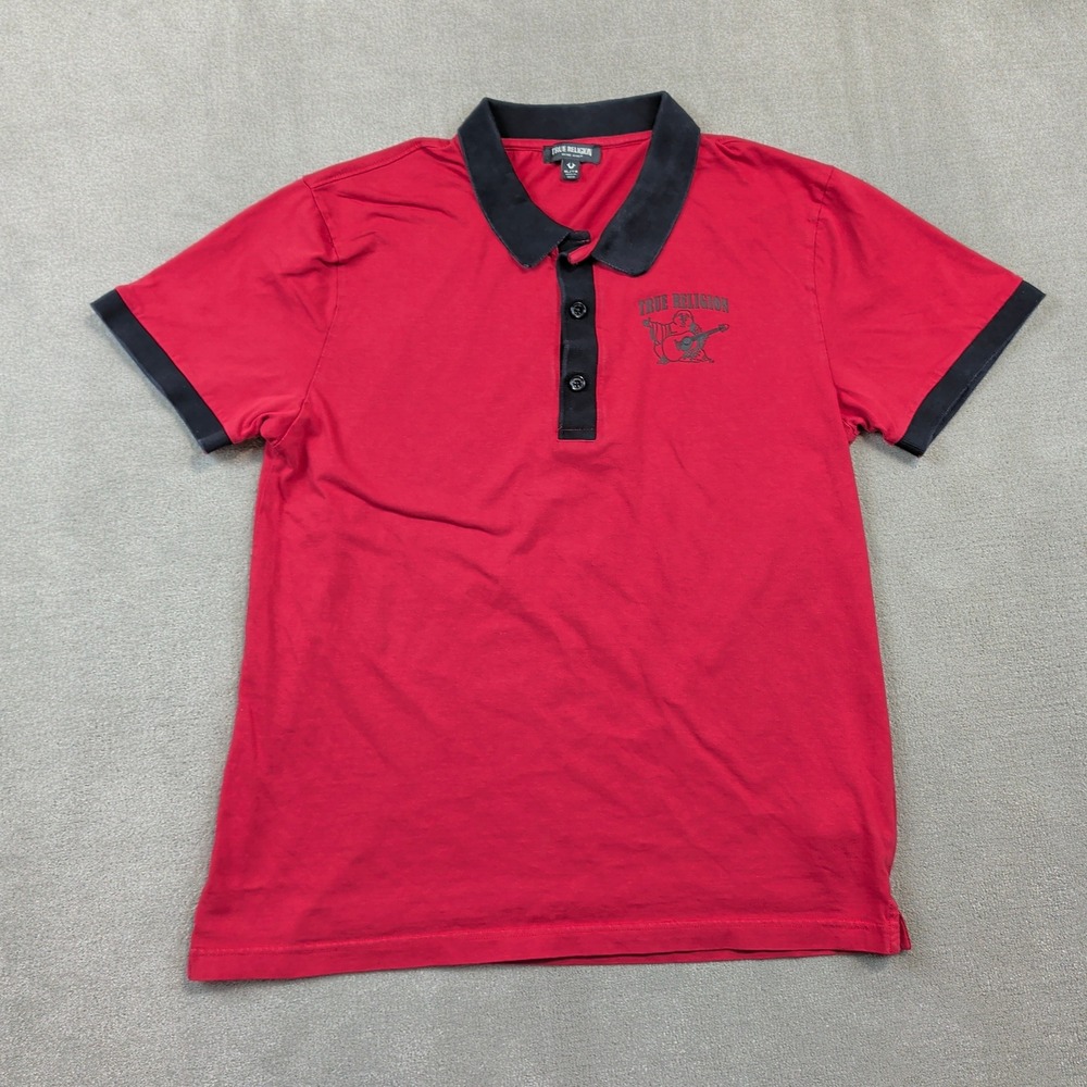 True Religion Polo XL Mens Red Black Buddha Logo Graphic Y2K Cotton Short Sleeve